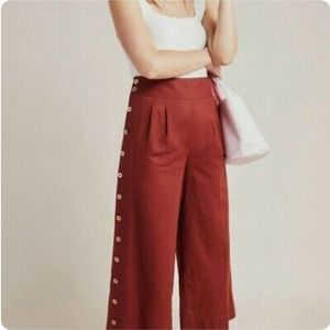 Anthropologie Rust Linen Blend Wide Leg Button Cropped Pants Size 0